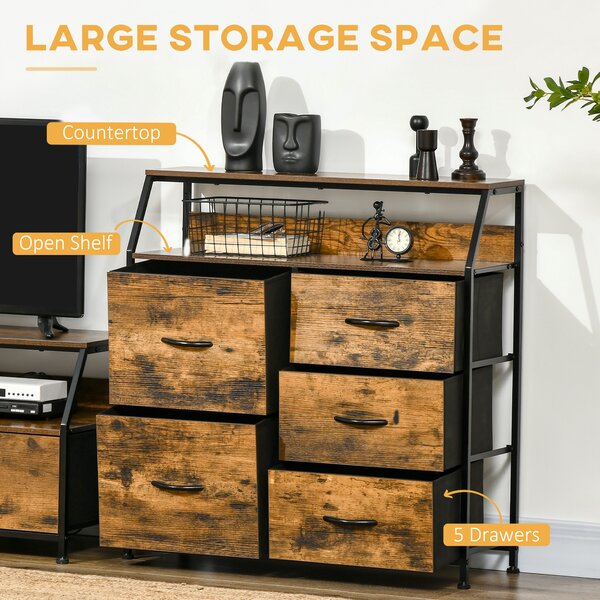 HOMCOM Bedroom Chest of Drawers, Industrial 5 Fabric Drawer Dresser with Open Shelf for Living Room, Rustic Brown Aosom UK