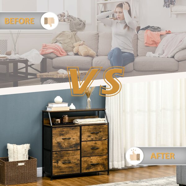 HOMCOM Bedroom Chest of Drawers, Industrial 5 Fabric Drawer Dresser with Open Shelf for Living Room, Rustic Brown Aosom UK