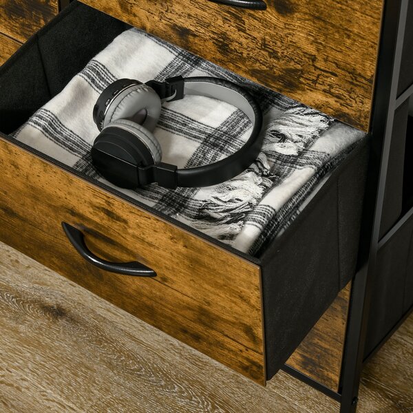 HOMCOM Bedroom Chest of Drawers, Industrial 5 Fabric Drawer Dresser with Open Shelf for Living Room, Rustic Brown Aosom UK