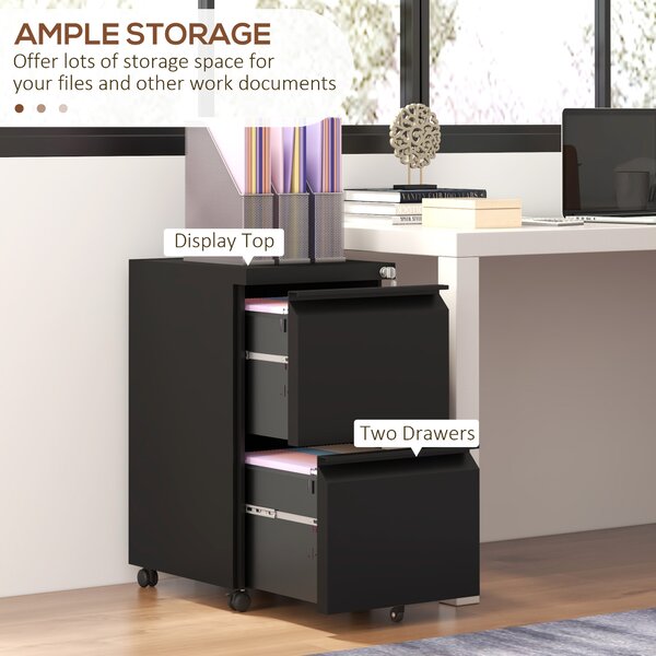 Vinsetto 2 Drawer Small Filing Cabinet on Wheels, Steel Lockable File Cabinet w/ Adjustable Hanging Bar for Letter, A4 & Legal Size, Black Aosom UK