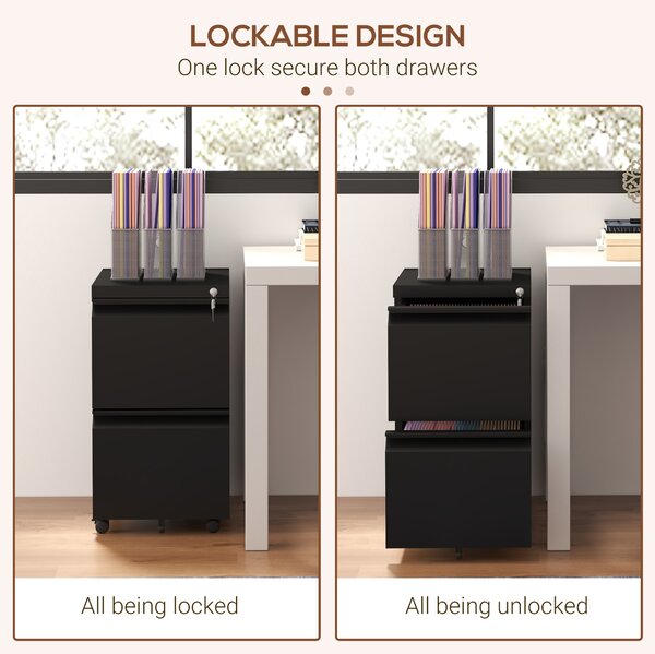 Vinsetto 2 Drawer Small Filing Cabinet on Wheels, Steel Lockable File Cabinet w/ Adjustable Hanging Bar for Letter, A4 & Legal Size, Black Aosom UK