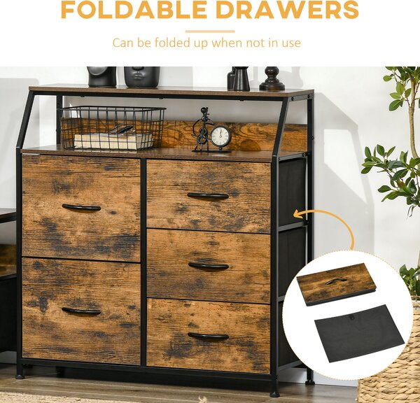 HOMCOM Bedroom Chest of Drawers, Industrial 5 Fabric Drawer Dresser with Open Shelf for Living Room, Rustic Brown Aosom UK