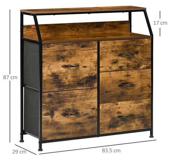 HOMCOM Bedroom Chest of Drawers, Industrial 5 Fabric Drawer Dresser with Open Shelf for Living Room, Rustic Brown Aosom UK