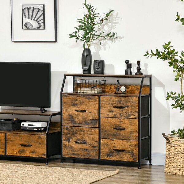 HOMCOM Bedroom Chest of Drawers, Industrial 5 Fabric Drawer Dresser with Open Shelf for Living Room, Rustic Brown Aosom UK