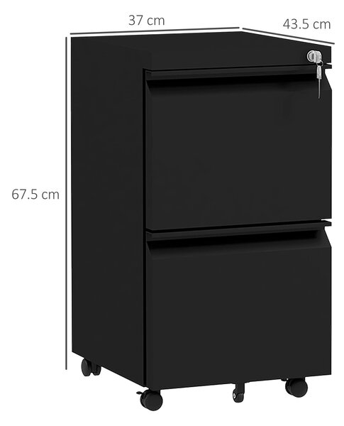 Vinsetto 2 Drawer Small Filing Cabinet on Wheels, Steel Lockable File Cabinet w/ Adjustable Hanging Bar for Letter, A4 & Legal Size, Black Aosom UK