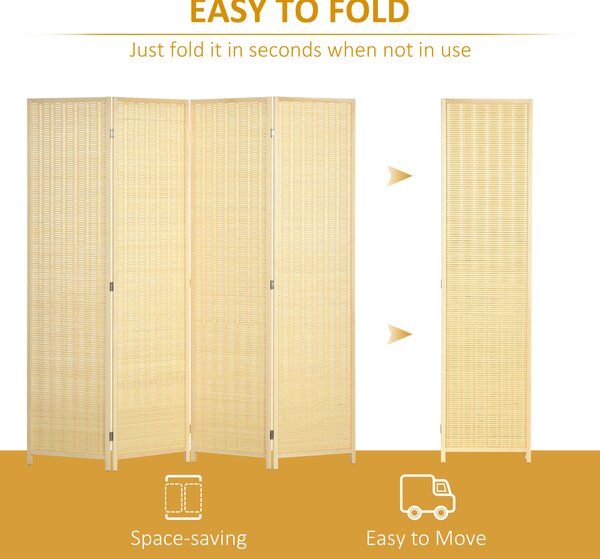 HOMCOM 4 Panel Folding Room Divider Screen, Wall Panel Privacy Furniture, Freestanding Paravent Partition Separator for Bedroom, 180 x 180cm, Natural