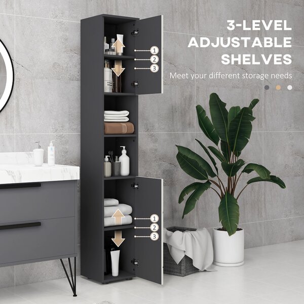 Kleankin Tall Bathroom Cabinet with Three-position Adjustable Shelves, Skinny Tall Cabinet with PVC Wrapped Doors for Minimalist Style, Grey Aosom UK