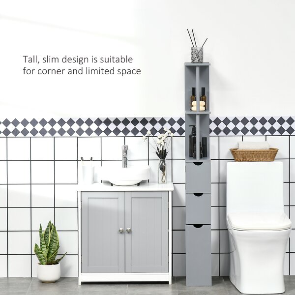 HOMCOM Tall Bathroom Cabinet, Freestanding Bathroom Storage Cabinet with 2-Tier Shelf and Drawers, Narrow Cupboard Storage Unit, Grey Aosom UK