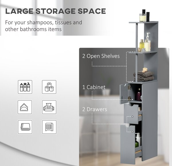 HOMCOM Tall Bathroom Cabinet, Freestanding Bathroom Storage Cabinet with 2-Tier Shelf and Drawers, Narrow Cupboard Storage Unit, Grey Aosom UK