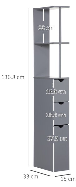 HOMCOM Tall Bathroom Cabinet, Freestanding Bathroom Storage Cabinet with 2-Tier Shelf and Drawers, Narrow Cupboard Storage Unit, Grey Aosom UK