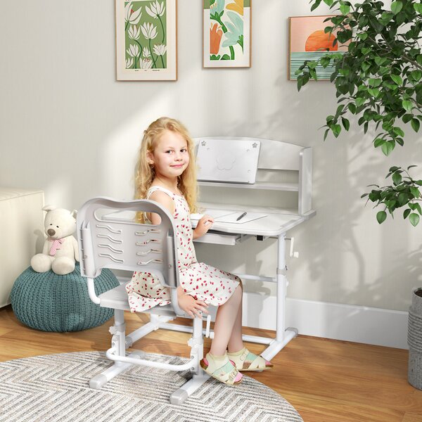 ZONEKIZ Height Adjustable Kids Study Table and Chair Set, with Drawer, Storage Shelf, 80 x 54.5 x 104 cm, Grey Aosom UK