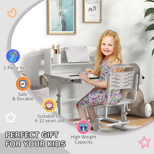 ZONEKIZ Height Adjustable Kids Study Table and Chair Set, with Drawer, Storage Shelf, 80 x 54.5 x 104 cm, Grey Aosom UK