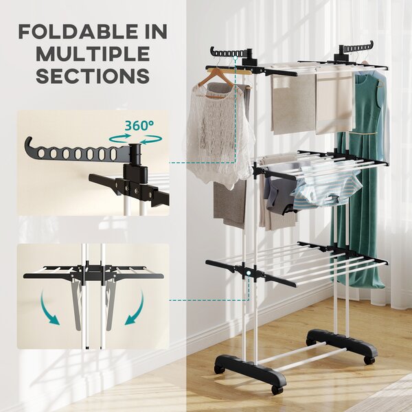 HOMCOM Laundry Drying Rack: Foldable 4-Tier Steel Clothes Airer with Castors, Indoor & Outdoor, Black Aosom UK