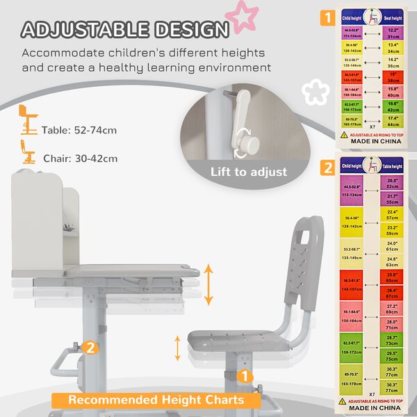 ZONEKIZ Height Adjustable Kids Study Table and Chair Set, with Drawer, Storage Shelf, 80 x 54.5 x 104 cm, Grey Aosom UK