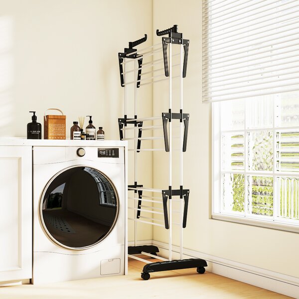 HOMCOM Laundry Drying Rack: Foldable 4-Tier Steel Clothes Airer with Castors, Indoor & Outdoor, Black Aosom UK