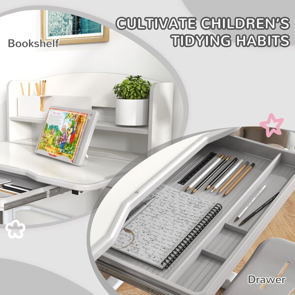 ZONEKIZ Height Adjustable Kids Study Table and Chair Set, with Drawer, Storage Shelf, 80 x 54.5 x 104 cm, Grey Aosom UK