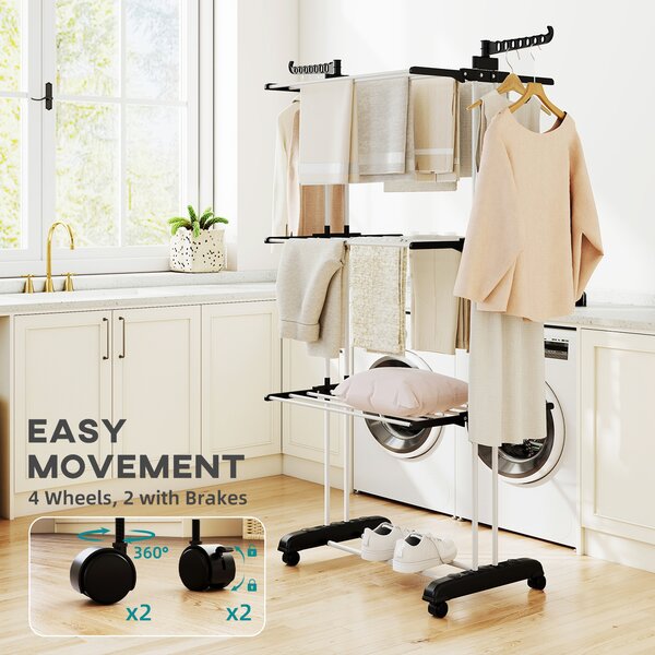 HOMCOM Laundry Drying Rack: Foldable 4-Tier Steel Clothes Airer with Castors, Indoor & Outdoor, Black Aosom UK