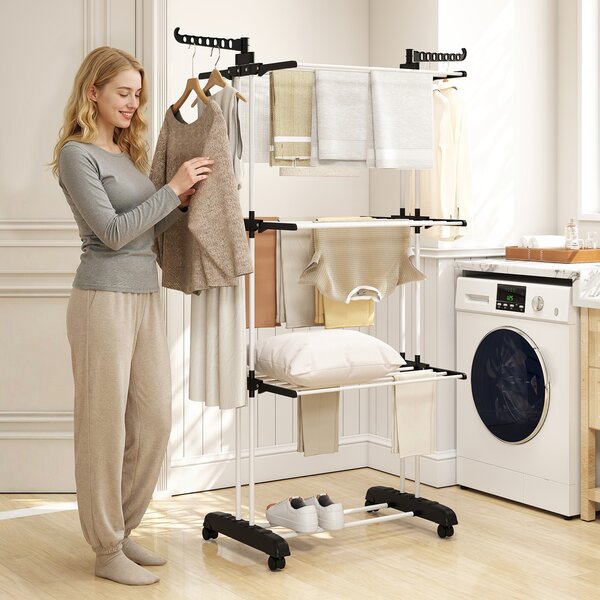 HOMCOM Laundry Drying Rack: Foldable 4-Tier Steel Clothes Airer with Castors, Indoor & Outdoor, Black Aosom UK