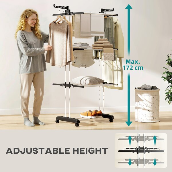 HOMCOM Laundry Drying Rack: Foldable 4-Tier Steel Clothes Airer with Castors, Indoor & Outdoor, Black Aosom UK