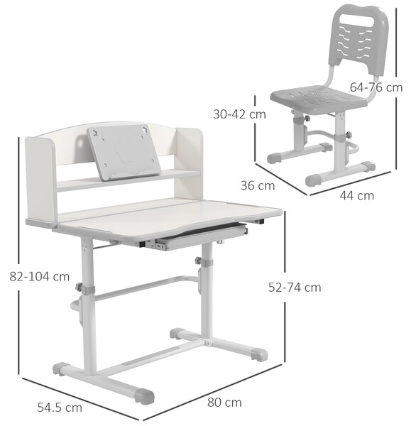 ZONEKIZ Height Adjustable Kids Study Table and Chair Set, with Drawer, Storage Shelf, 80 x 54.5 x 104 cm, Grey Aosom UK