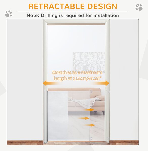 PawHut Retractable Stair Gate, 115 x 82.5 cm, White, Dog Pet Barrier for Doorway, Stair, Hallway Aosom UK
