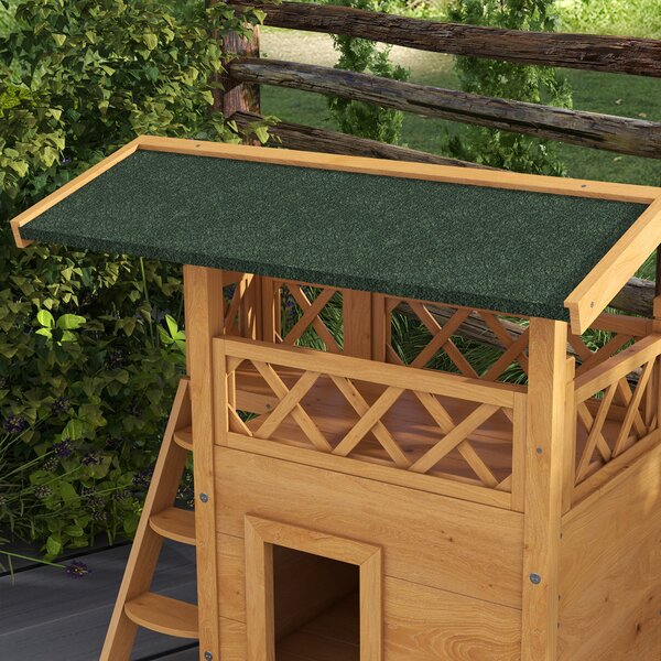 PawHut Cat House Outdoor w/ Balcony Stairs Roof, 77 x 50 x 73 cm, Natural Aosom UK