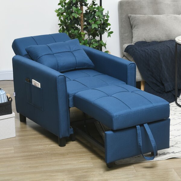 HOMCOM 3-In-1 Convertible Chair Bed, Pull Out Sleeper Chair, Fold Out Bed with Adjustable Backrest, Side Pockets, Cat Scratch Resistant, Blue Aosom UK