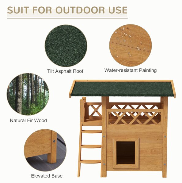 PawHut Cat House Outdoor w/ Balcony Stairs Roof, 77 x 50 x 73 cm, Natural Aosom UK