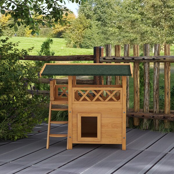 PawHut Cat House Outdoor w/ Balcony Stairs Roof, 77 x 50 x 73 cm, Natural Aosom UK
