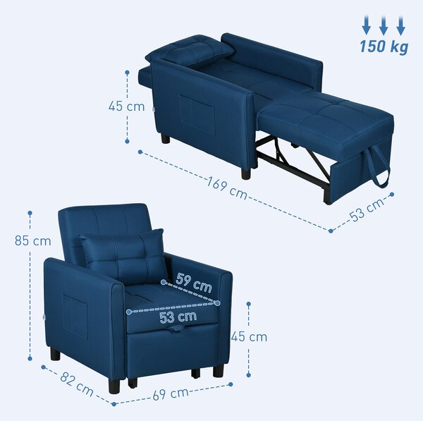 HOMCOM 3-In-1 Convertible Chair Bed, Pull Out Sleeper Chair, Fold Out Bed with Adjustable Backrest, Side Pockets, Cat Scratch Resistant, Blue Aosom UK
