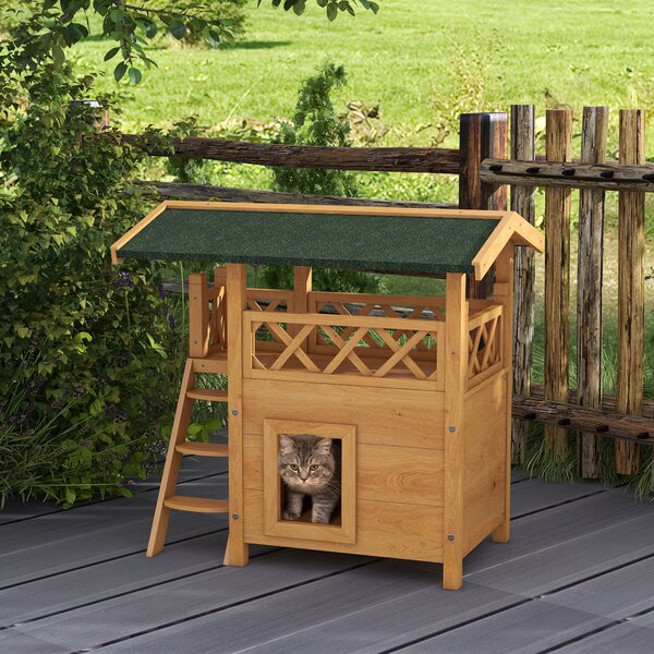 PawHut Cat House Outdoor w/ Balcony Stairs Roof, 77 x 50 x 73 cm, Natural Aosom UK