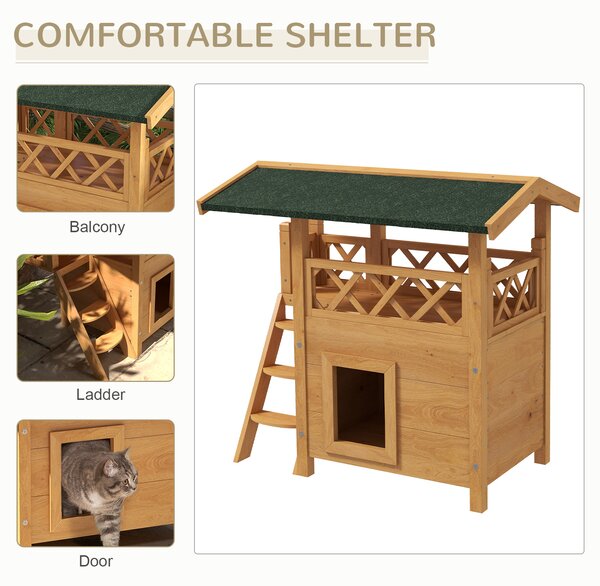 PawHut Cat House Outdoor w/ Balcony Stairs Roof, 77 x 50 x 73 cm, Natural Aosom UK