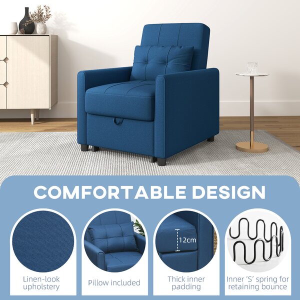 HOMCOM 3-In-1 Convertible Chair Bed, Pull Out Sleeper Chair, Fold Out Bed with Adjustable Backrest, Side Pockets, Cat Scratch Resistant, Blue Aosom UK