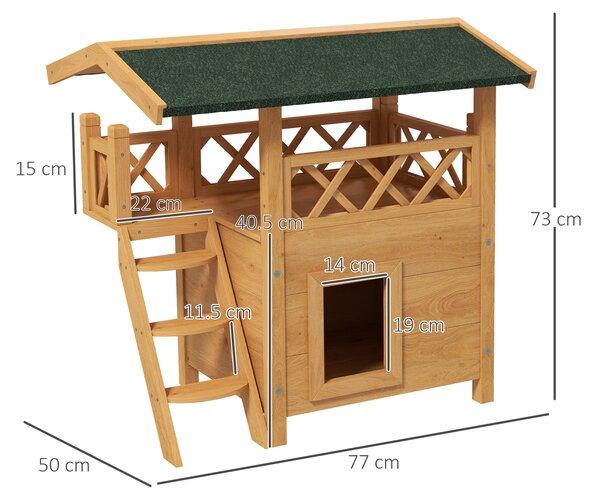 PawHut Cat House Outdoor w/ Balcony Stairs Roof, 77 x 50 x 73 cm, Natural Aosom UK