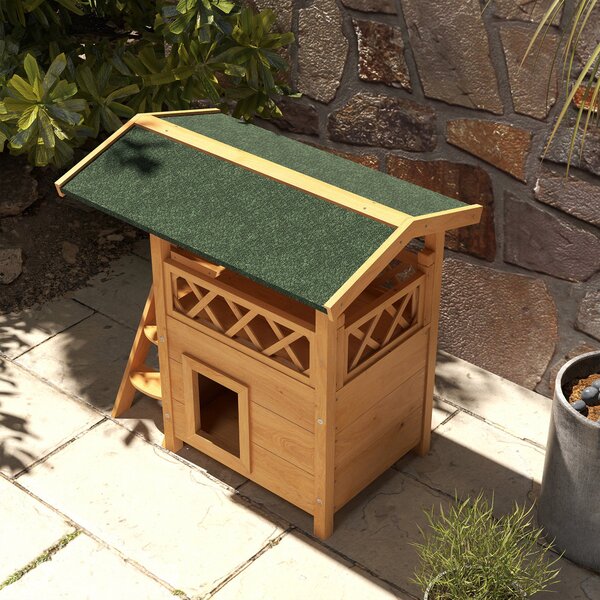PawHut Cat House Outdoor w/ Balcony Stairs Roof, 77 x 50 x 73 cm, Natural Aosom UK