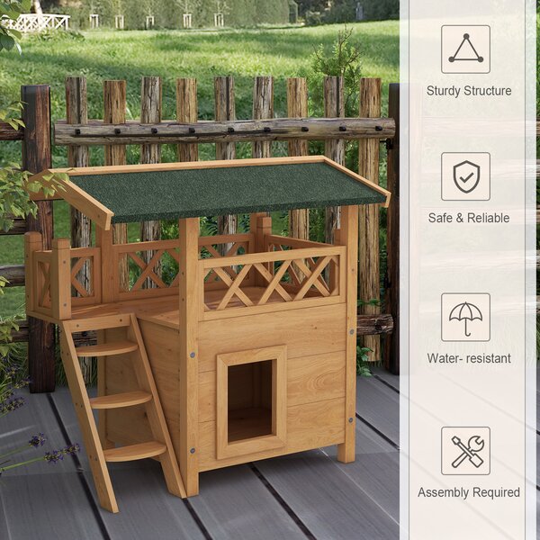 PawHut Cat House Outdoor w/ Balcony Stairs Roof, 77 x 50 x 73 cm, Natural Aosom UK