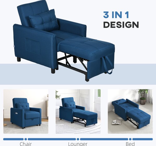 HOMCOM 3-In-1 Convertible Chair Bed, Pull Out Sleeper Chair, Fold Out Bed with Adjustable Backrest, Side Pockets, Cat Scratch Resistant, Blue Aosom UK