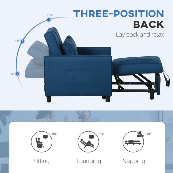 HOMCOM 3-In-1 Convertible Chair Bed, Pull Out Sleeper Chair, Fold Out Bed with Adjustable Backrest, Side Pockets, Cat Scratch Resistant, Blue Aosom UK