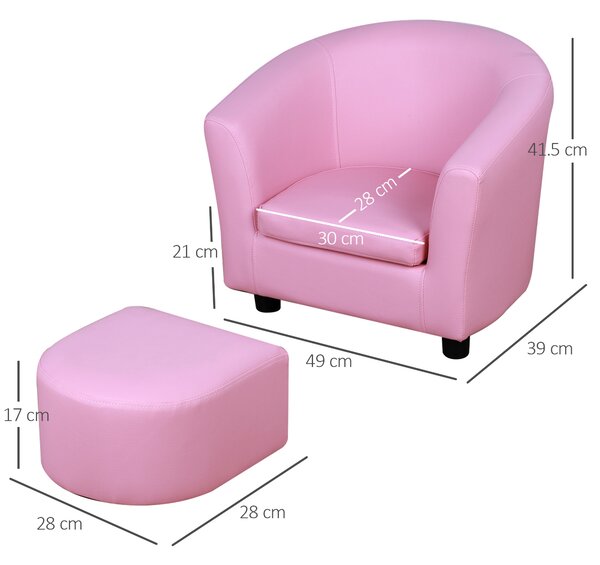 HOMCOM Children's Mini Sofa with Footstool, Thick Padding, Anti-slip Feet, 30 x 28 x 21cm, Pink Aosom UK