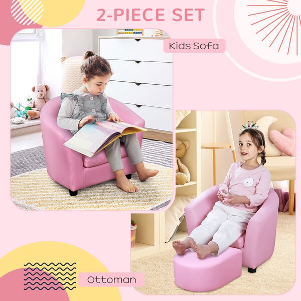 HOMCOM Children's Mini Sofa with Footstool, Thick Padding, Anti-slip Feet, 30 x 28 x 21cm, Pink Aosom UK