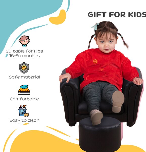 HOMCOM Toddler Chair Single Seater Kids Sofa Set, 54 x 42 x 41cm, Kids Sofa with Stool, Black Aosom UK