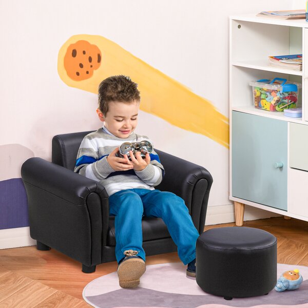 HOMCOM Toddler Chair Single Seater Kids Sofa Set, 54 x 42 x 41cm, Kids Sofa with Stool, Black Aosom UK