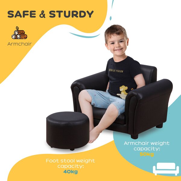 HOMCOM Toddler Chair Single Seater Kids Sofa Set, 54 x 42 x 41cm, Kids Sofa with Stool, Black Aosom UK