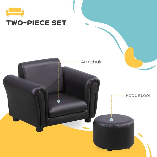 HOMCOM Toddler Chair Single Seater Kids Sofa Set, 54 x 42 x 41cm, Kids Sofa with Stool, Black Aosom UK