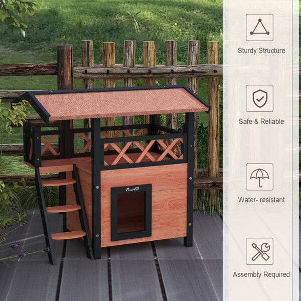 PawHut Cat House Outdoor w/ Balcony Stairs Roof, 77 x 50 x 73 cm, Brown Aosom UK