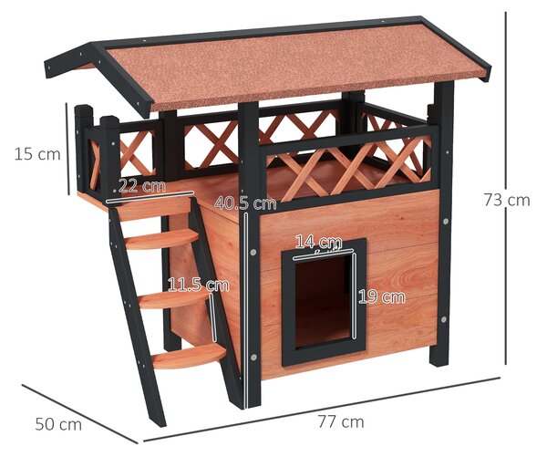 PawHut Cat House Outdoor w/ Balcony Stairs Roof, 77 x 50 x 73 cm, Brown Aosom UK
