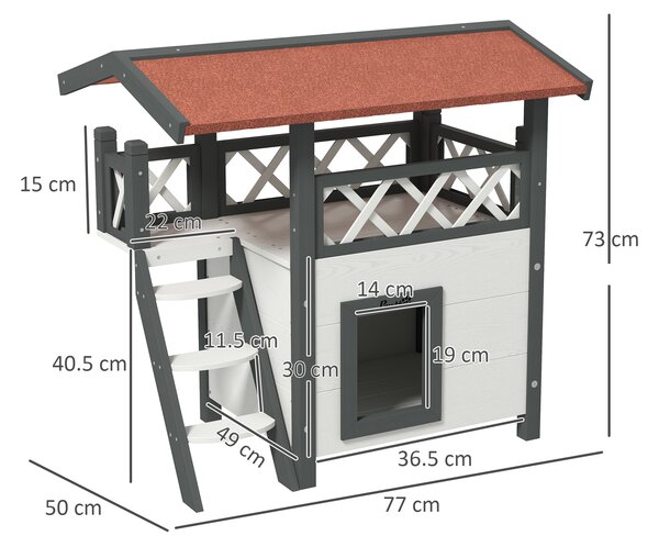 PawHut Cat House Outdoor w/ Balcony Stairs Roof, 77 x 50 x 73 cm, White