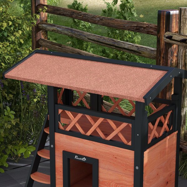 PawHut Cat House Outdoor w/ Balcony Stairs Roof, 77 x 50 x 73 cm, Brown Aosom UK