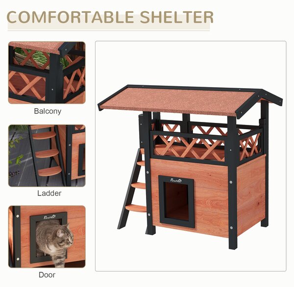 PawHut Cat House Outdoor w/ Balcony Stairs Roof, 77 x 50 x 73 cm, Brown Aosom UK