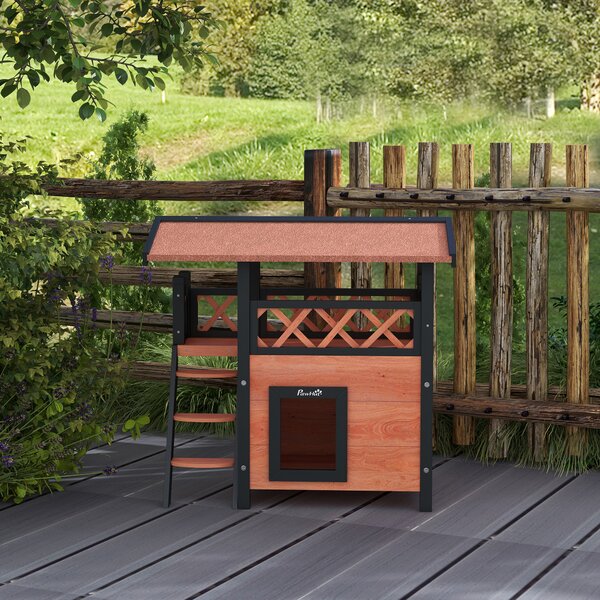 PawHut Cat House Outdoor w/ Balcony Stairs Roof, 77 x 50 x 73 cm, Brown Aosom UK